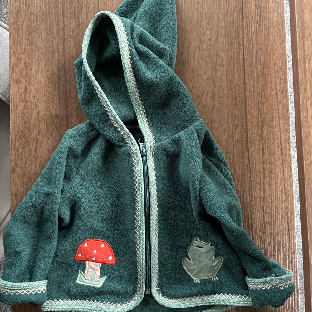 Hanna Andersson Forest Green Hooded Jacket with mushroom and frog